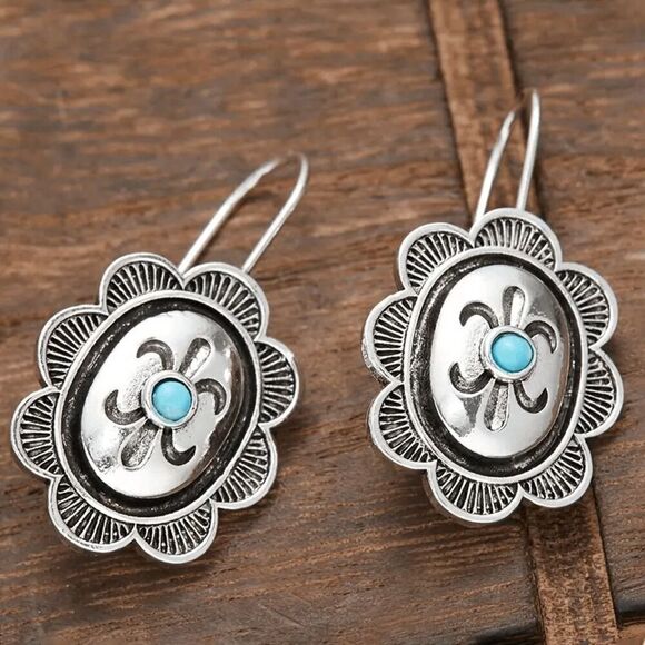 Western Boho Turquoise Lotus Earrings - Picture 1 of 5